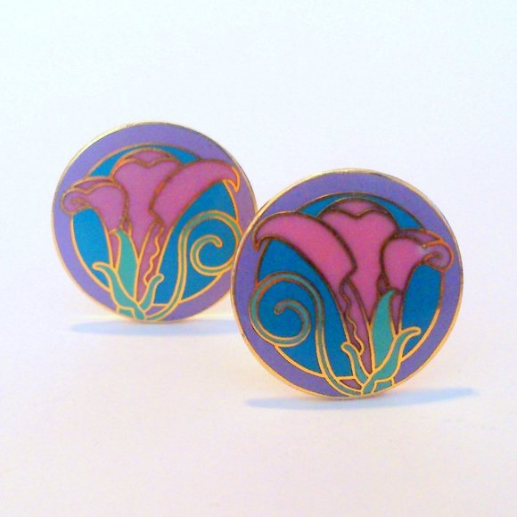 Vintage ISLE OF SKYE Pink & Aqua Lily Enameled Cloisonne Clip-on Earrings - Picture 1 of 3